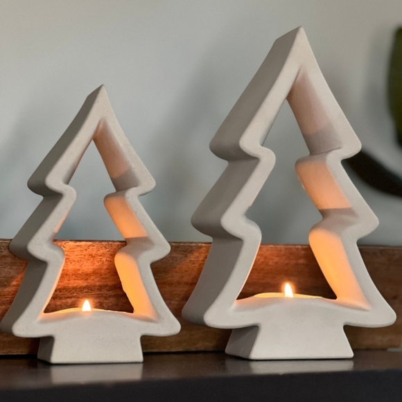 Hand Made White Concrete Christmas Tree Candle Holders - Picture 2 of 6